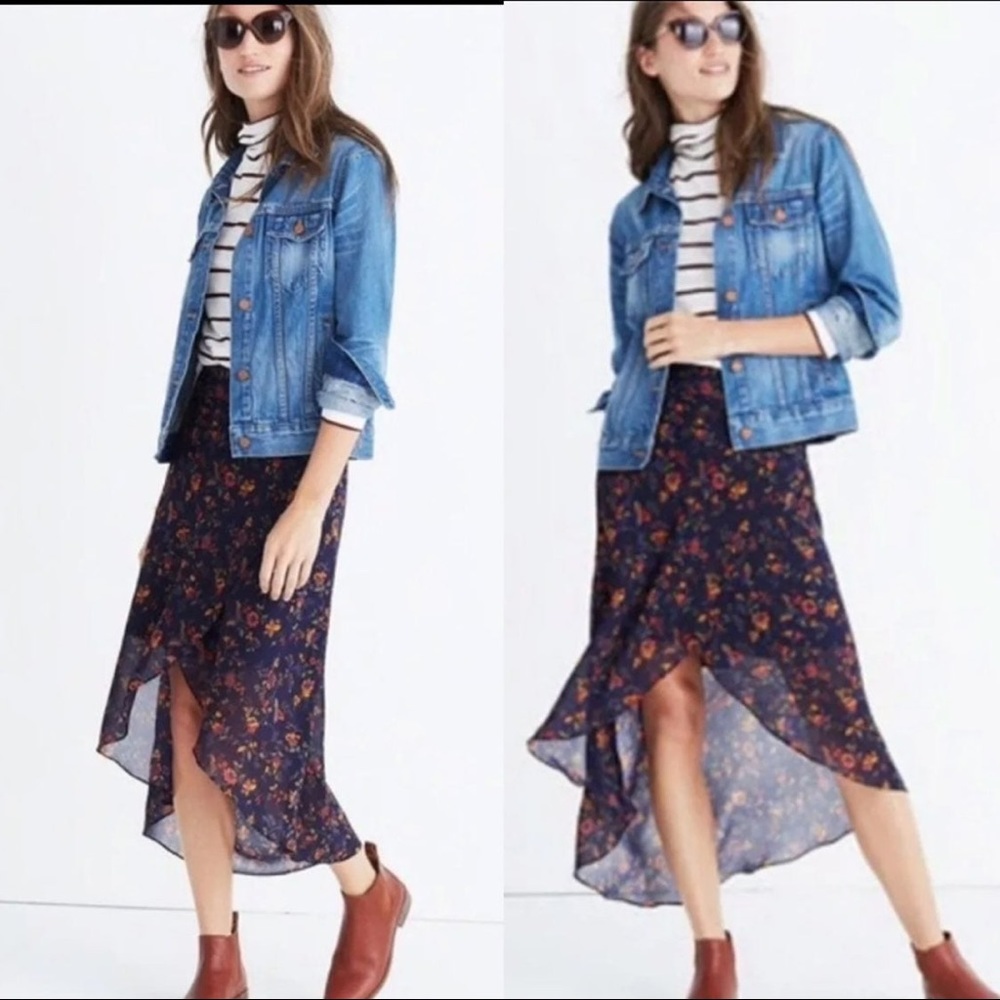 Madewell faux wrap midi skirt navy floral